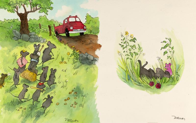 Illustration of mice on picnic.