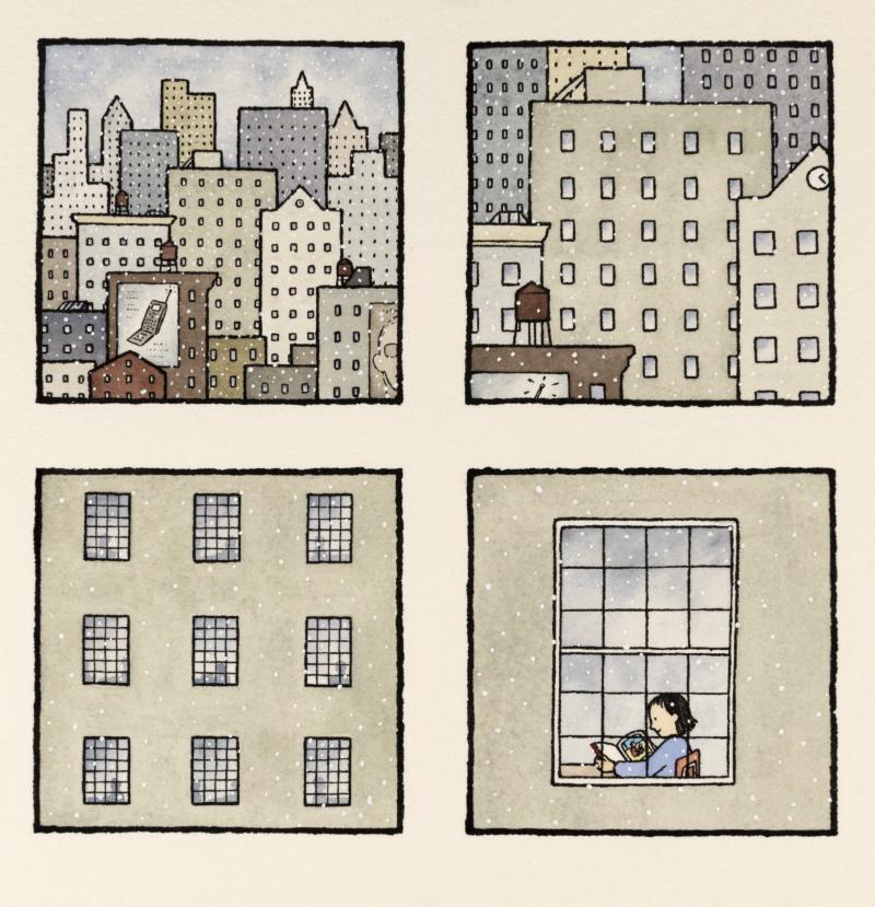 Illustration of child reading in tall city building.