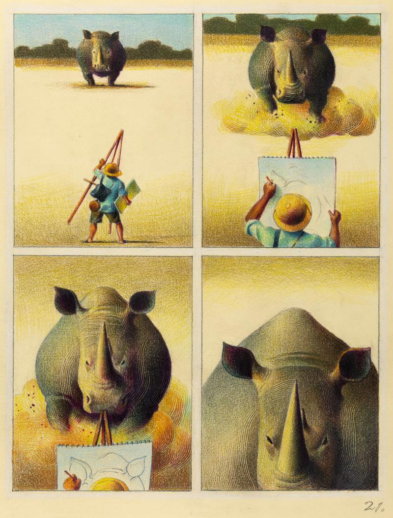 Illustration of rhinoceros running towards painter.
