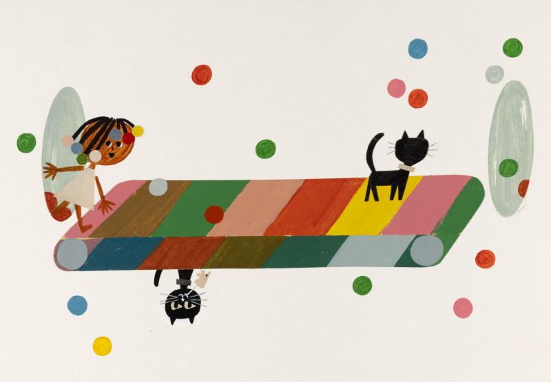 Illustration of cats on rainbow colored rug.