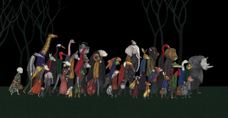Illustration of animals walking in progression.
