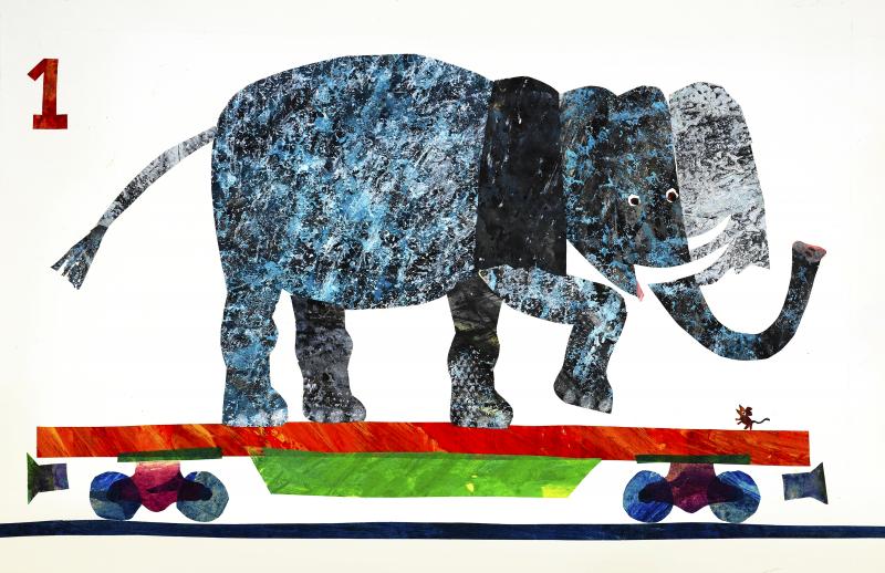 Illustration of elephant on train car.
