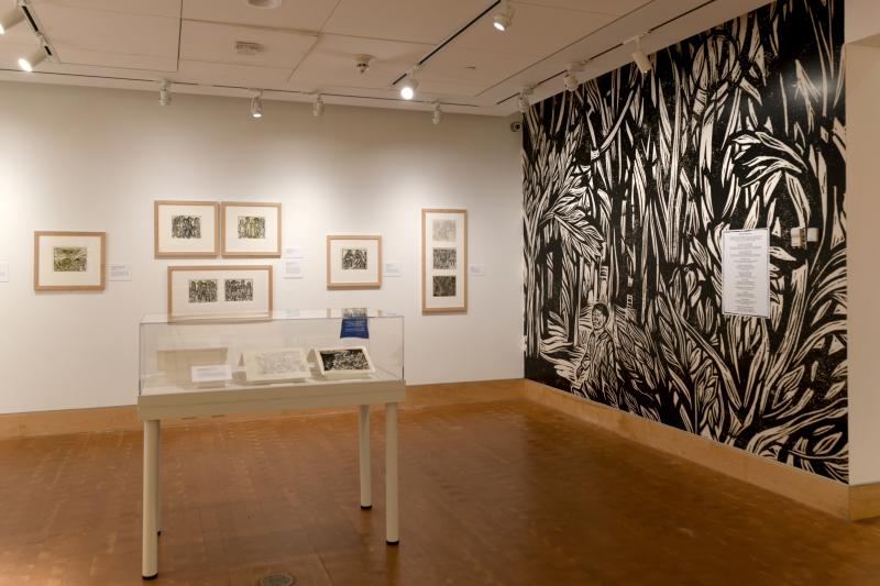 Installation image showing walls with framed art.