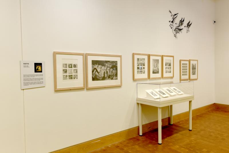 Installation image showing walls with framed art.