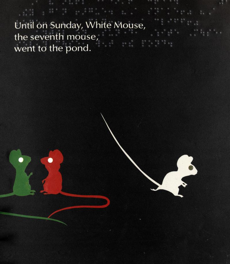 Illustration of three mice with braille overlay.