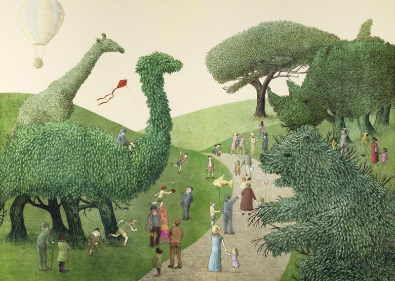 Illustration of topiary animals with park goers.