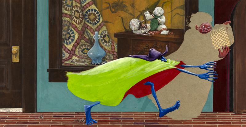 Illustration of goblin running through ornate room.