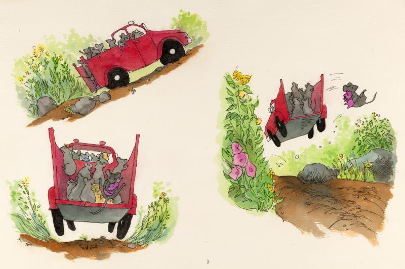 Illustration of red car with mice in back.