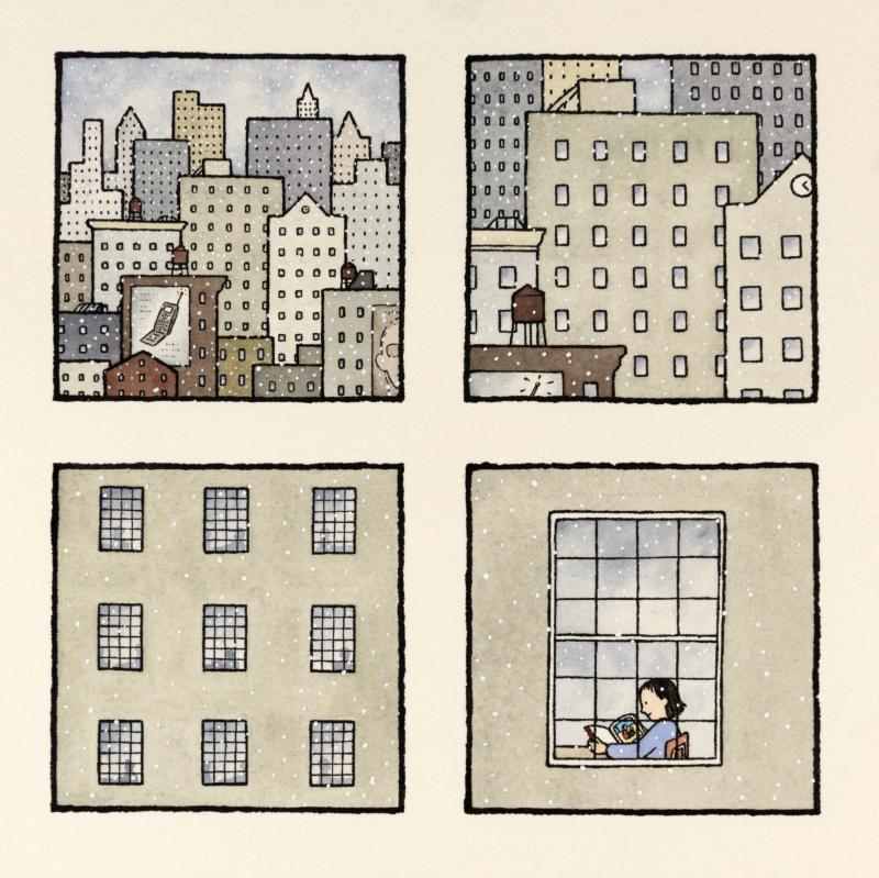 Four-panel Illustration of girl in city window.