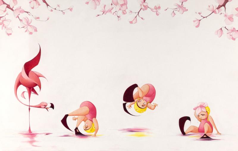 Illustration of flamingo and swimmer.