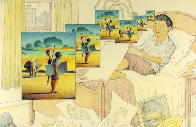 Illustration of boy drawing on bed.