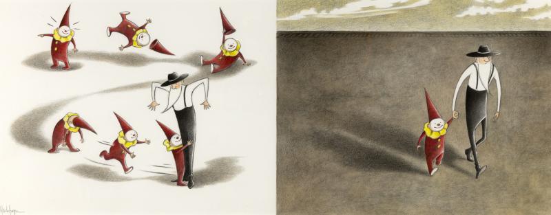 Illustration of farmer and clown playing.