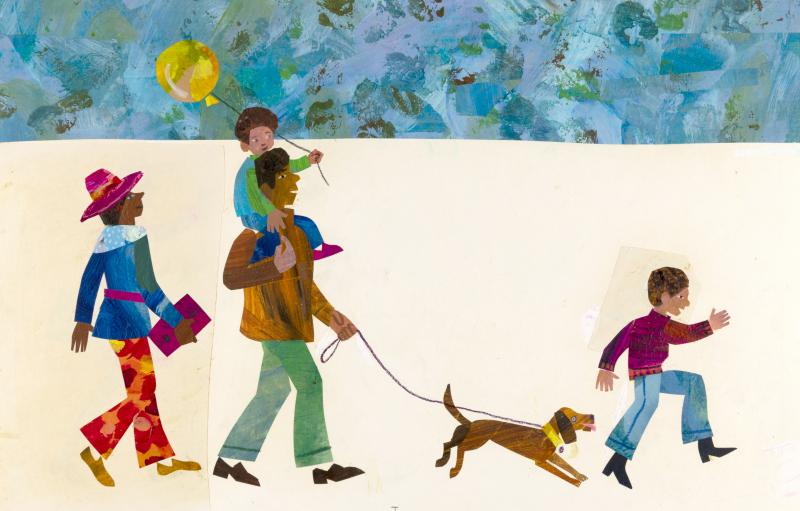 Illustration of family walking dog in sunshine.