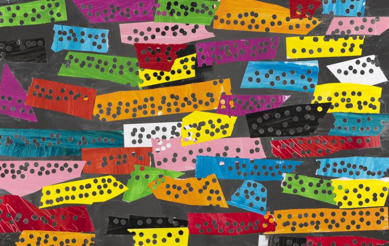 Abstract collage of color squares with hole punches.