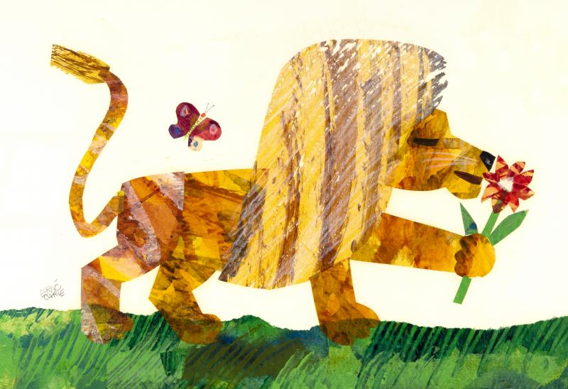 Illustration of lion smelling flower.