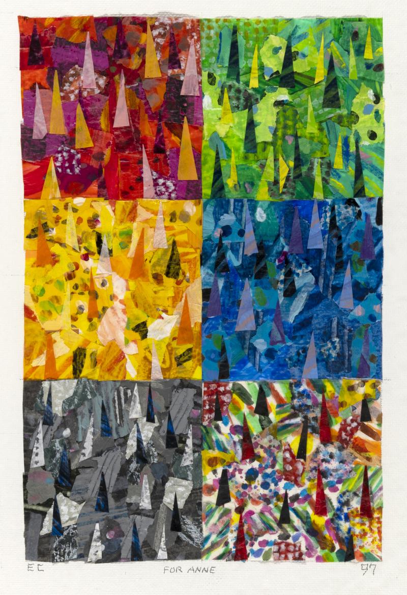 Abstract collage of red, green, yellow, blue, gray, and multi-color squares.
