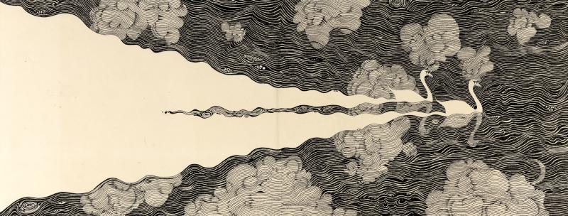 Illustration of two swans cutting across water.