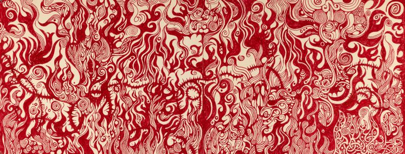 Illustration of morphing red shapes in all-over pattern.