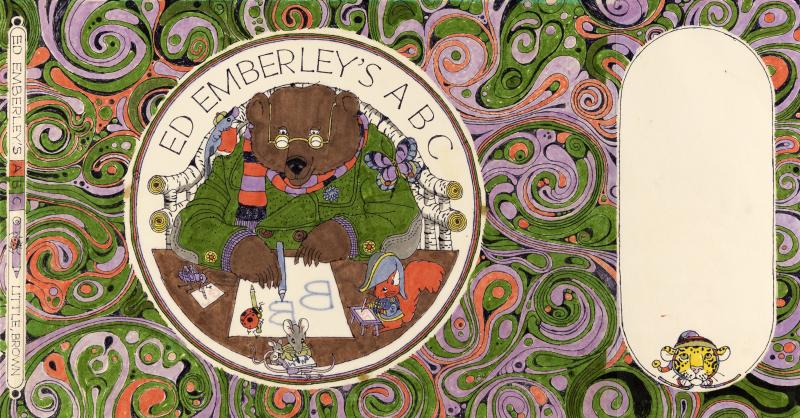 Illustration of bear drawing on table framed in circle by paisley design.
