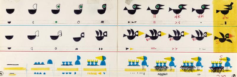 Illustration of how to draw a bird starting from basic shapes.