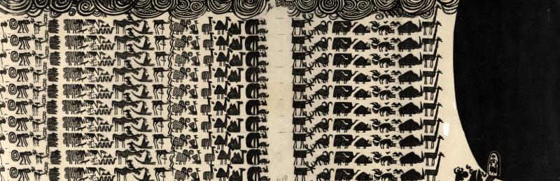 Illustration of animals lined up to board boat.
