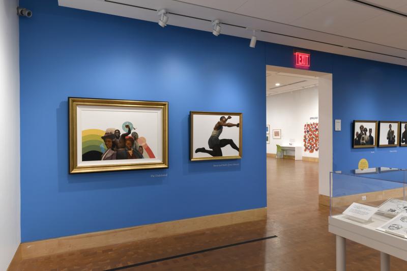 Photograph of paintings hanging on wall in gallery
