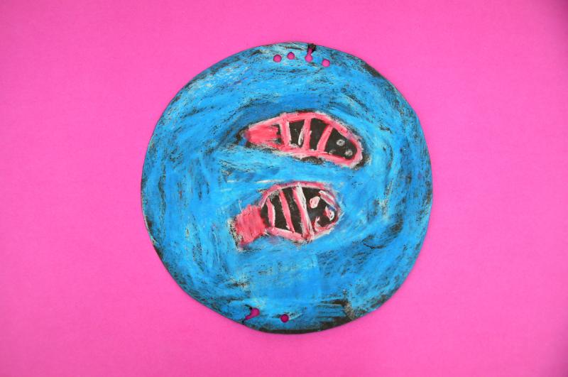 rtwork of two red striped fish swimming in water made by blending blue and white oil pastels.