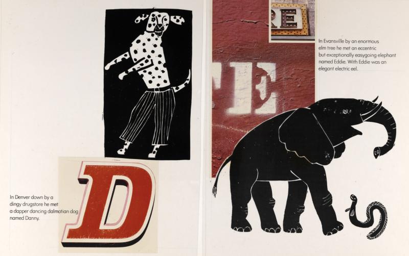 Collage of illustrations of a dog, elephant, and photos of graffiti letters.