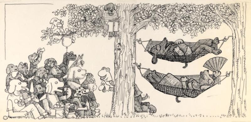 Black ink illustration of dogs in hammocks.