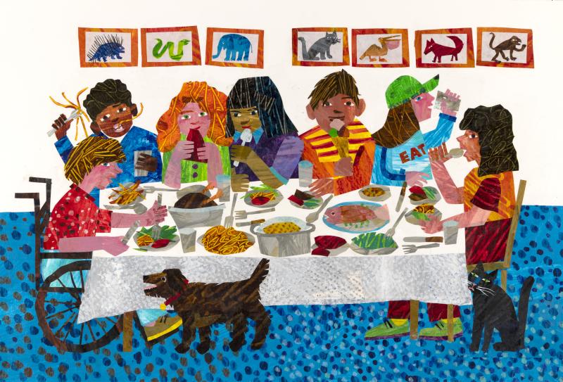 Illustration of friends eating large meal with cats and dogs waiting for scraps.