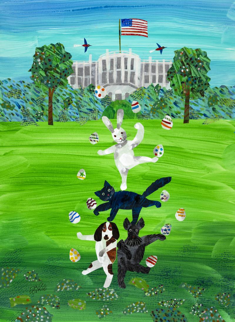 Illustration of cats and dogs juggling eggs on the White House lawn.