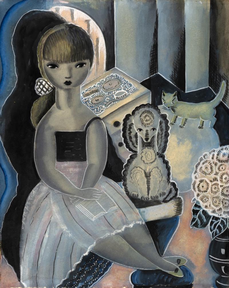 Painting of girl sitting in room with poodle cat and vanity behind.