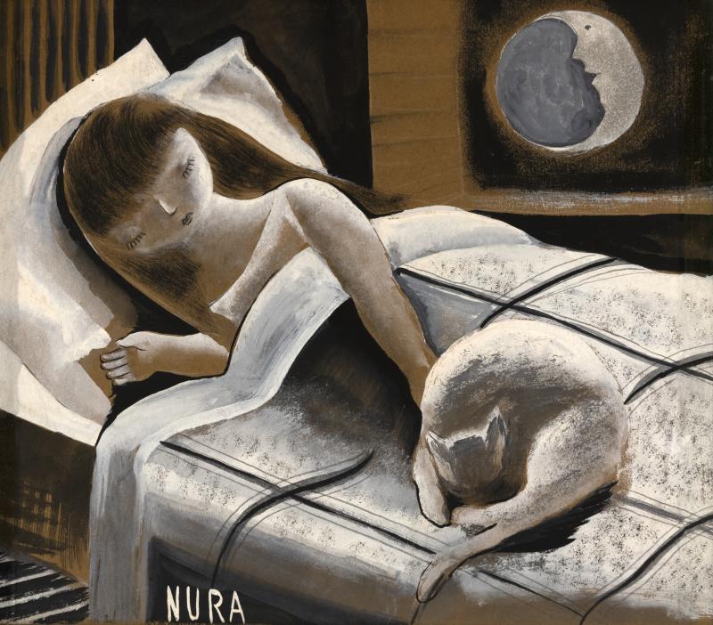 Painting of girl sleeping on bed with cat.