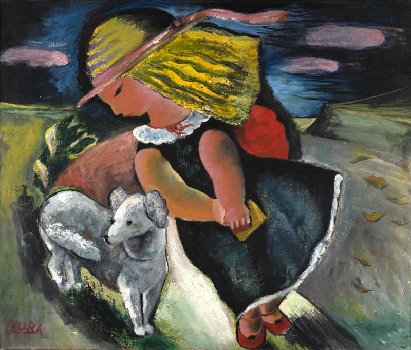 Painting of girl and white dog walking down windswept path.