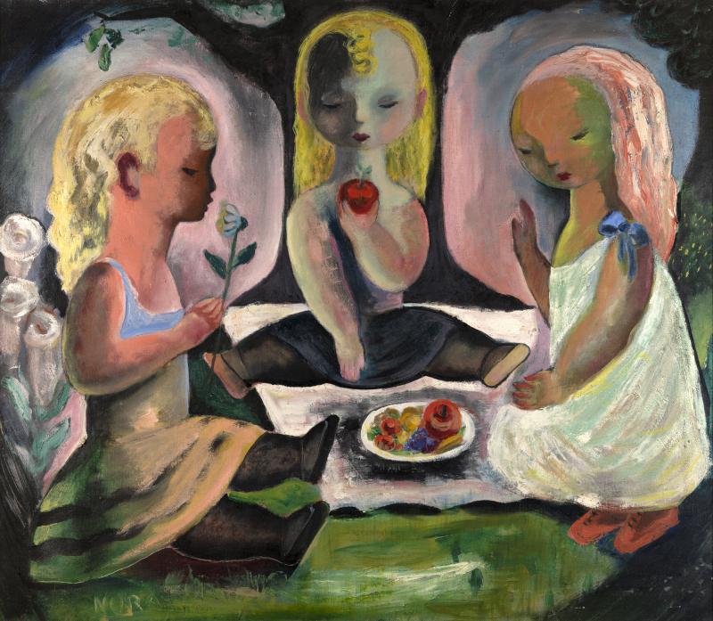 Painting of three girls eating picnic.