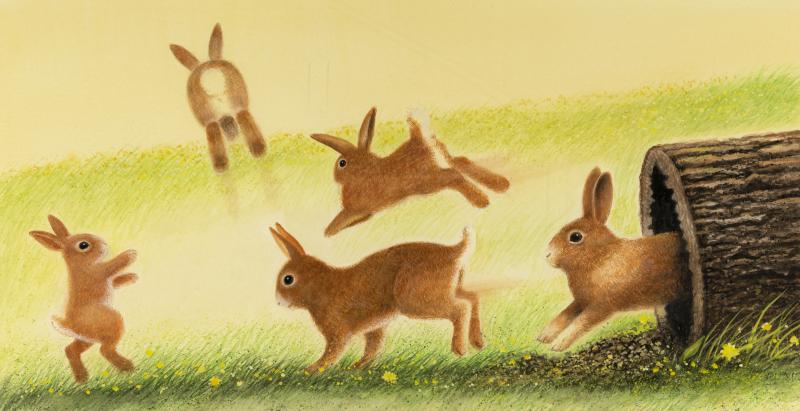 Bunnies running out of a log and hopping away.