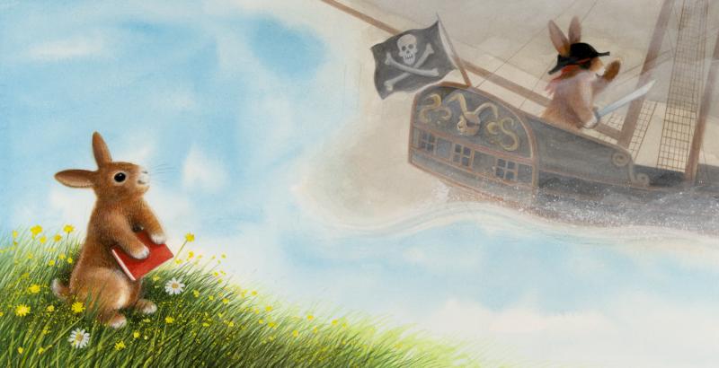 A bunny stands in the grass surrounded by yellow and white flowers, holding a red book, and is looking up into the sky at a large pirate ship. On the ship is a bunny wearing a pirate hat and eyepatch, and holding a sword.