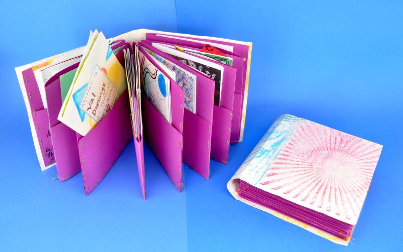 Two accordion fold books with pockets for holding smaller accordion fold books.