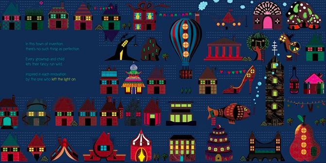 Rows of buildings and structures with windows that show there are lights on within each interior.