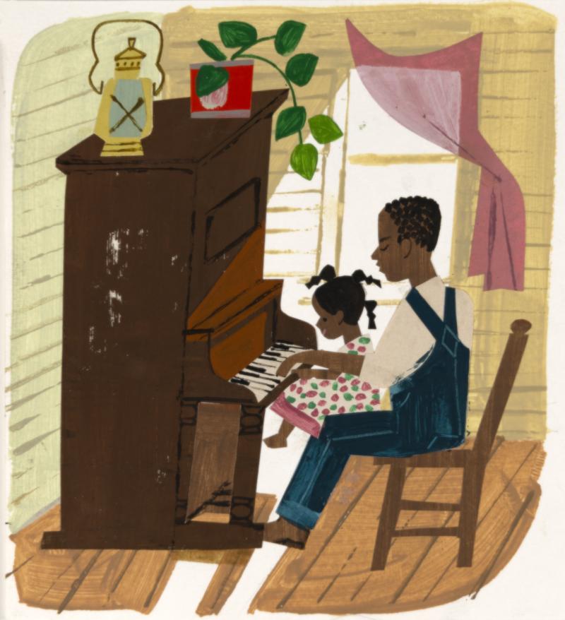 Illustration of man and child playing piano.