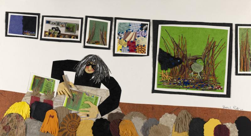 Illustration of woman reading book with framed art behind.