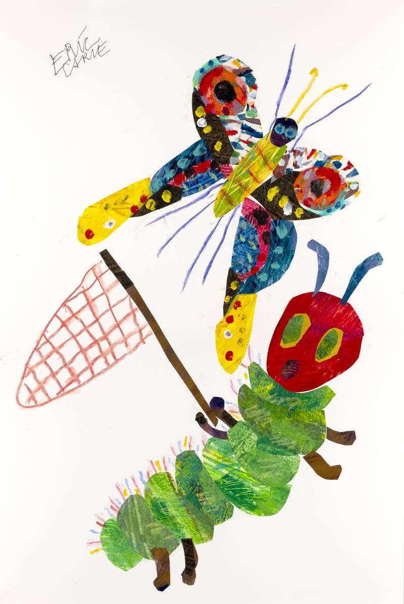 Illustration of The Very Hungry Caterpillar catching a butterfly in a net.