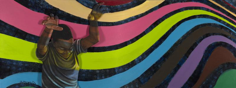 Illustration of boy with rainbow swirling behind.