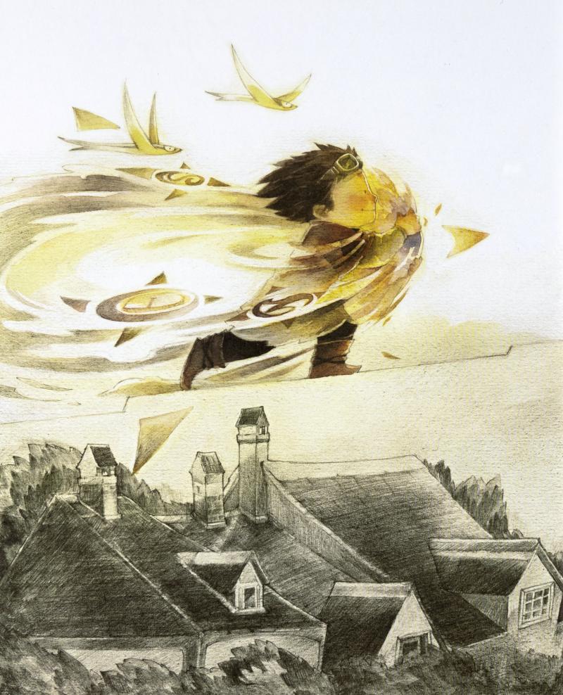 A boy with goggles walks over a gray town while grasping a swirling bundle of yellow light. Two yellow birds fly behind him.