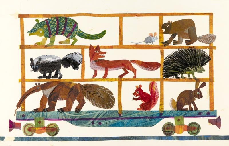 Illustration of animals on train car.
