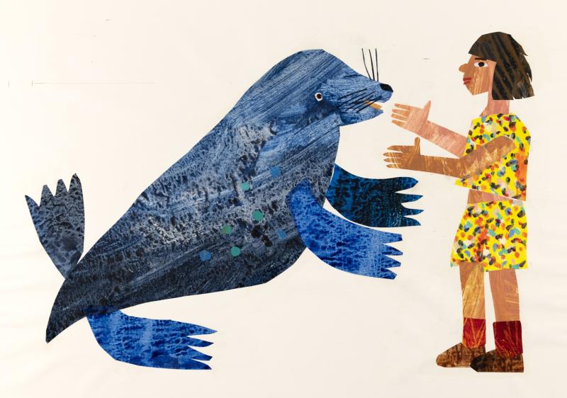 Illustration of seal with girl in yellow dress.