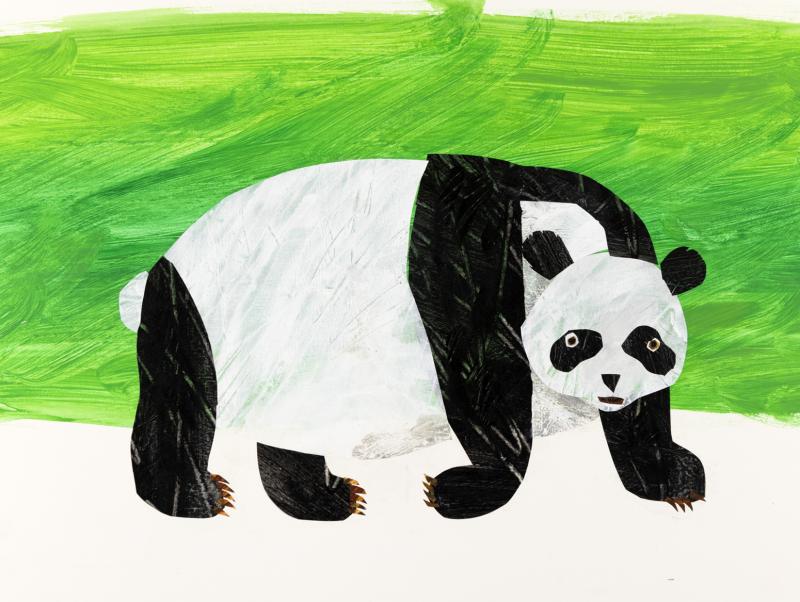 Illustration of panda bear on green background.