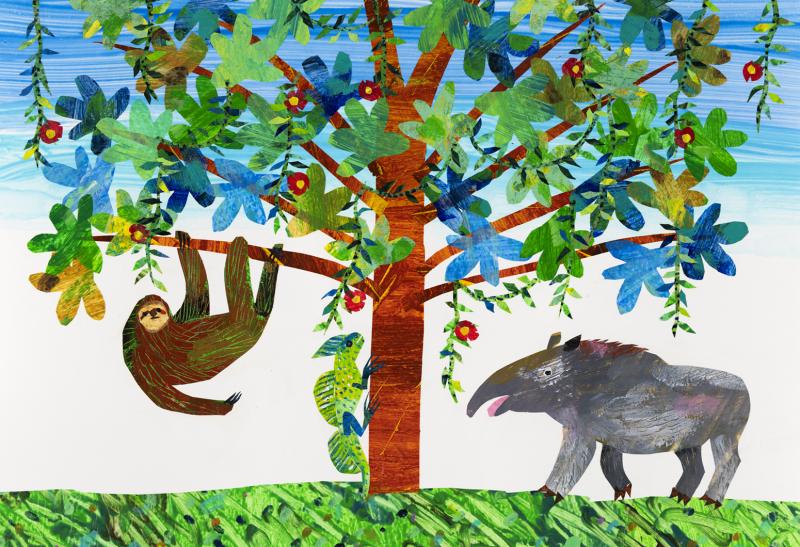 Illustration of sloth hanging from tree with advark.