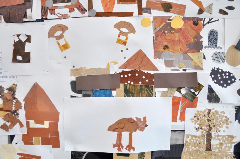 Collages created from brown papers including bears, houses, trees, and parachutes.