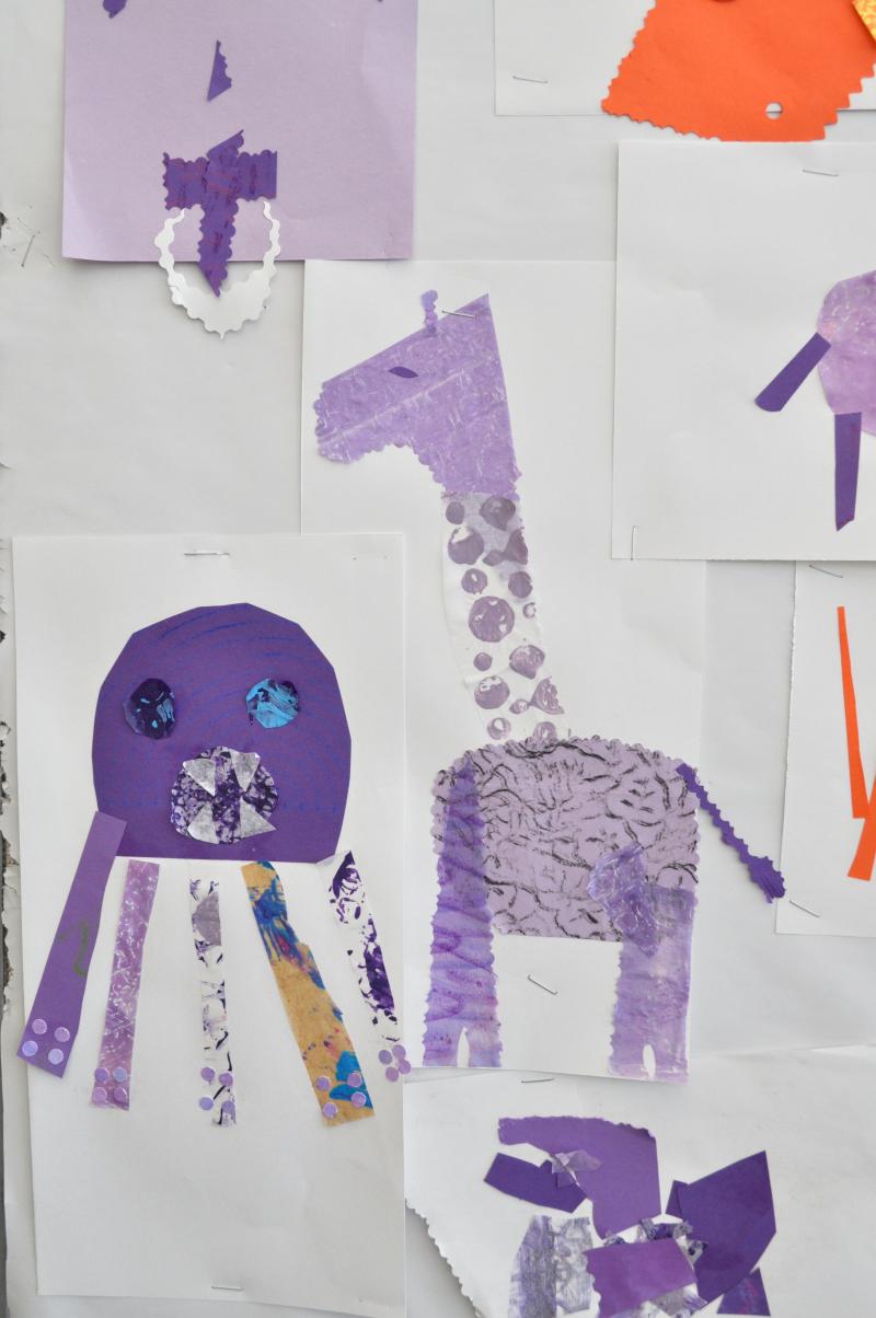 Purple collages of an octopus and giraffe.
